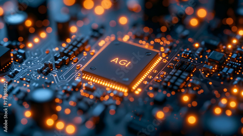 AGI - artificial general intelligence - microchip on black circuit board with orange glow