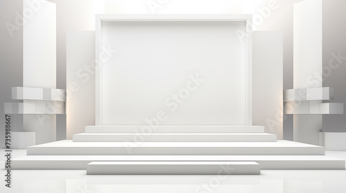 Exhibition stand. White empty advertising stand with desk white blank geometric square. Presentation room display  White creative exhibition stand design  Stand template  Corporate identity