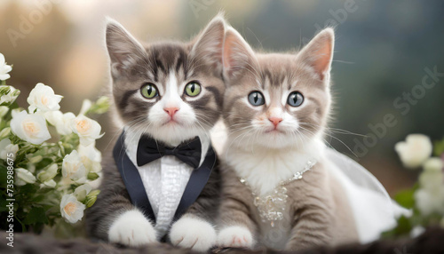 deux chatons mignons en tenue de marié et mariée pour leur mariage, avec costume et robe pour la célébration, sur fond flou © -Y4NN-