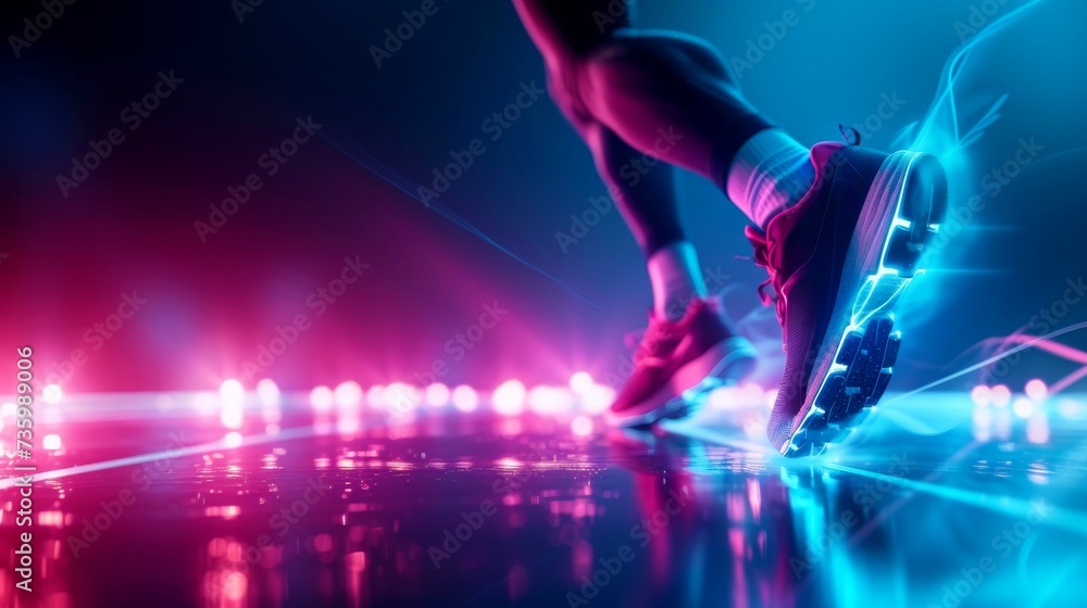 Close-up,Sporty young man running on blue neon effect background