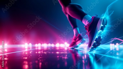 Close-up,Sporty young man running on blue neon effect background © AITTHIPHONG