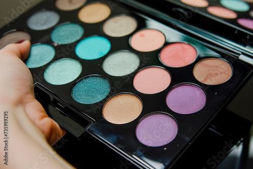 palette of eyeshadow colors in makeup artists hand