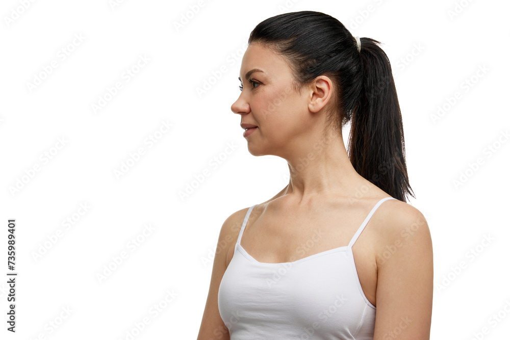 Profile view portrait of attractive middle aged brunette woman smiling looking away against white studio background. Concept of facial treatment, beauty, spa, cosmetology, skincare, anti-aging. Profile view portrait of attractive middle aged brunette woman smiling looking away against white studio background. Concept of facial treatment, beauty, spa, cosmetology, skincare, anti-aging.