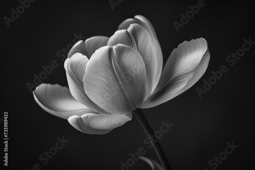 Blooming Beauty: A Monochrome Close-Up of a White Tulip Blossom in a Vibrant Garden