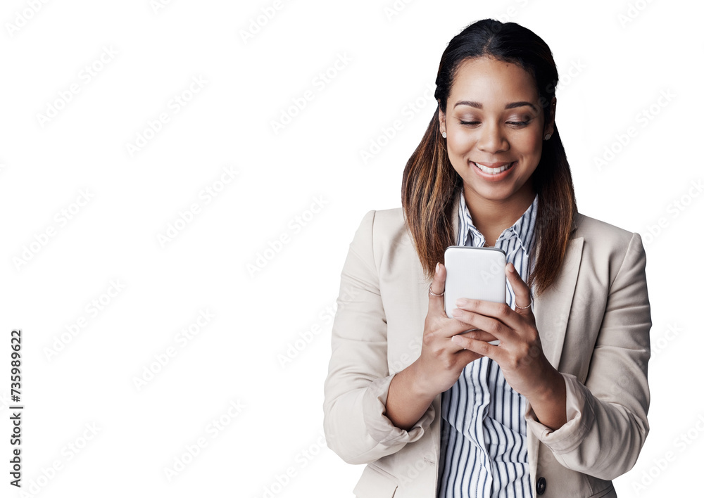Business, smile and woman with a smartphone, typing and employee isolated on a transparent background. Png, person and entrepreneur with a cellphone and mobile user with social media and digital app Business, smile and woman with a smartphone, typing and employee isolated on a transparent background. Png, person and entrepreneur with a cellphone and mobile user with social media and digital app