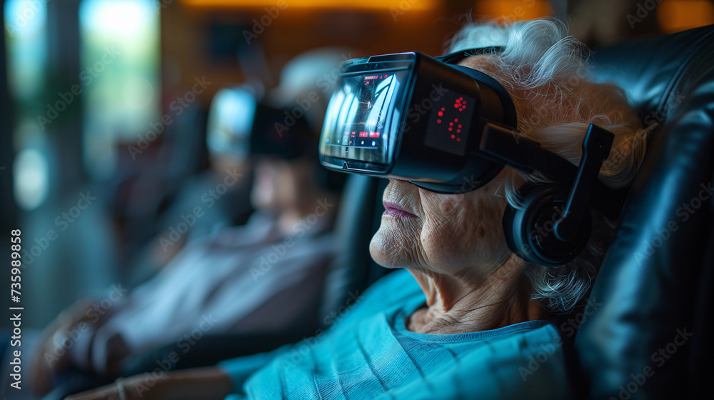 An elderly woman reclines in comfort while engaging with a virtual reality headset, enjoying modern technology. An elderly woman reclines in comfort while engaging with a virtual reality headset, enjoying modern technology.