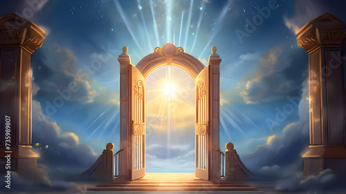  An illustration of the gates of heaven slightly ajar, radiating divine light - AI