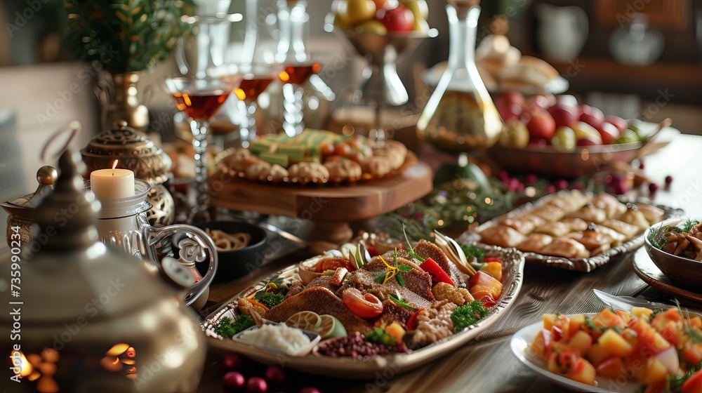 Ramadan Kareem: Delicious Iftar feast with dates, fruits, salads, and meat dishes on a decorated table Ramadan Kareem: Delicious Iftar feast with dates, fruits, salads, and meat dishes on a decorated table