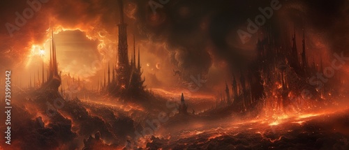 A nightmarish landscape of hell, featuring twisted structures and forms, bathed in an unsettling glow from a hellfire, creating a sense of perpetual dread. photo