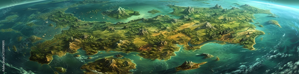 A panoramic view of Pangaea's rich landscapes, depicting the early stages of continental drift; colossal land bridges connecting diverse biomes, ranging from  - obrazy, fototapety, plakaty 