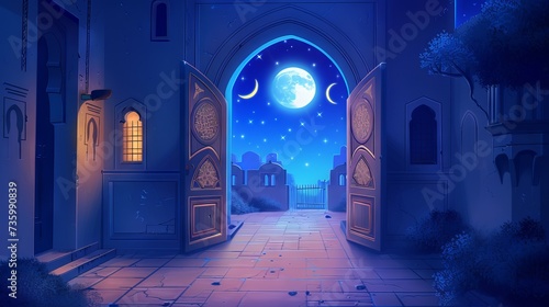 Ramadan Kareem greeting card with Arabic calligraphy and mosque door silhouette against crescent moon and starry sky