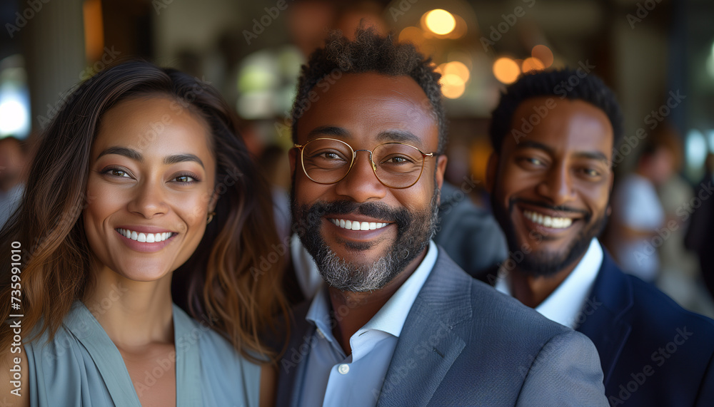 Fototapeta premium A diverse group of smiling professionals posing for a photo, showcasing teamwork and unity in a business setting.