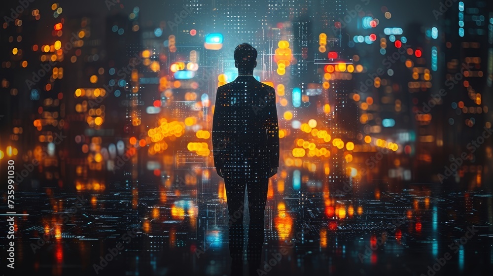 The concept of a business technology, with a professional businessman walking on the future Pattaya city background at night with a futuristic interface graphic in a cyberpunk color scheme