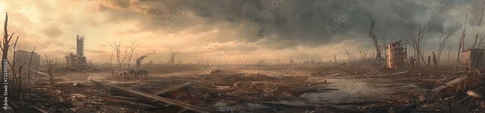 A post-apocalyptic landscape, where once-bustling metropolises are now ghost towns, their skeletal structures standing as monuments to a fallen civilization, under a dusky, polluted sky.