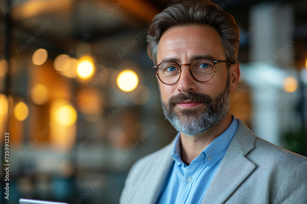 A poised businessman in a stylish suit holds a tablet, his expression reflecting experience and confidence. A poised businessman in a stylish suit holds a tablet, his expression reflecting experience and confidence.