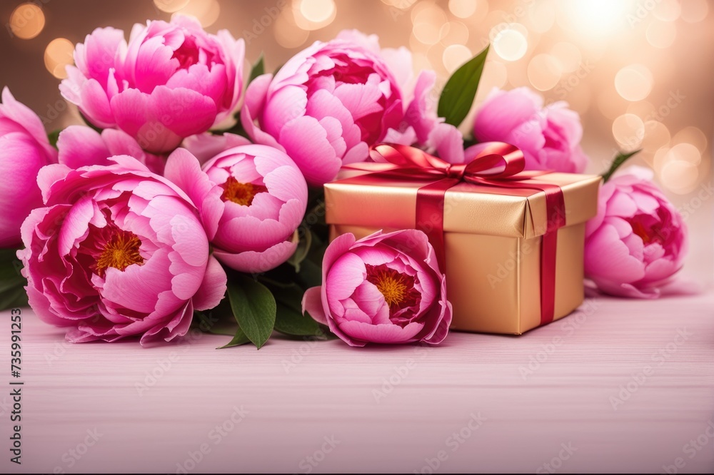 Peonies and Gift Box on Wooden Table Peonies and Gift Box on Wooden Table