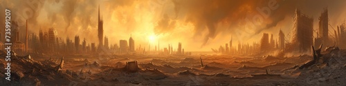 A post-apocalyptic landscape, where once-bustling metropolises are now ghost towns, their skeletal structures standing as monuments to a fallen civilization, under a dusky, polluted sky.