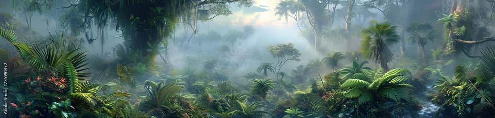 A prehistoric landscape dominated by towering megaflora, giant ferns and colossal flowers covering the land, creating a dense jungle of vibrant green under a misty sky. A prehistoric landscape dominated by towering megaflora, giant ferns and colossal flowers covering the land, creating a dense jungle of vibrant green under a misty sky.