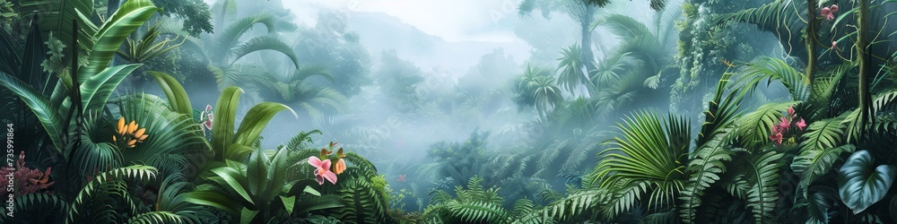 A prehistoric landscape dominated by towering megaflora, giant ferns and colossal flowers covering the land, creating a dense jungle of vibrant green under a misty sky