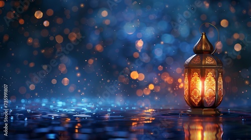 Ramadan Kareem greeting card with glowing lantern and bokeh lights on blue background