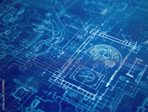 Futuristic AI blueprint icon with sharp-focus, showcasing hyper-realistic inner workings. Technological stock image depicting computer programming and data algorithm