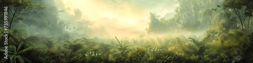 A prehistoric landscape dominated by towering megaflora  giant ferns and colossal flowers covering the land  creating a dense jungle of vibrant green under a misty sky.