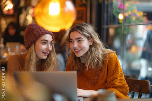 Two young women engaged in a cheerful conversation while using a laptop in a cozy cafe setting.