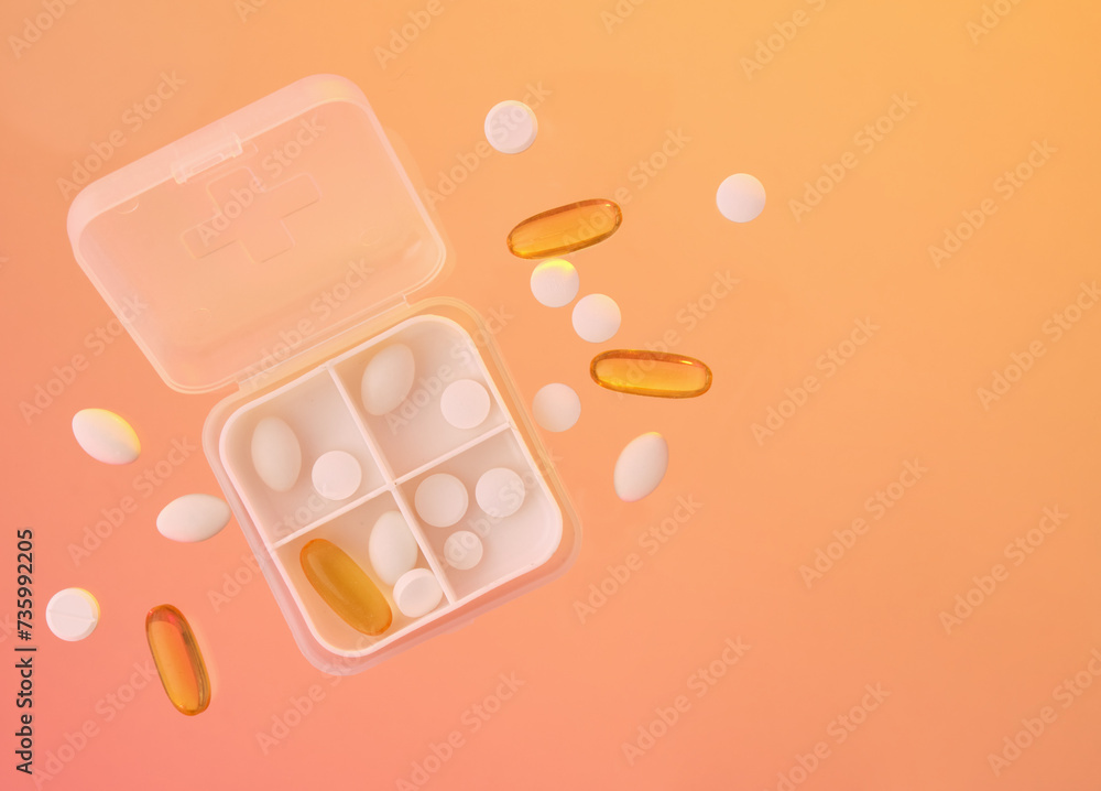 Pills and capsules. Health business. Copy space for text. Pills and capsules. Health business. Copy space for text.