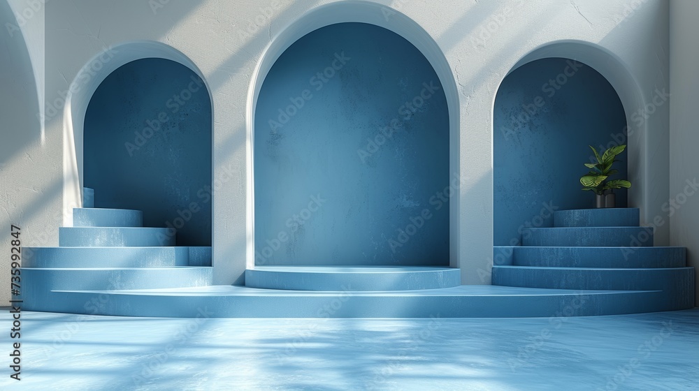A blue background with shadows and light. Empty podiums. Mockup.