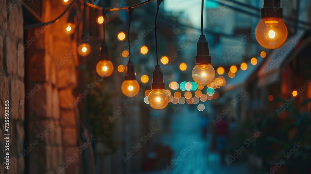 Colorful Ramadan lanterns and lights in street. Festive greeting card for the holy month of fasting and celebration. - obrazy, fototapety, plakaty 