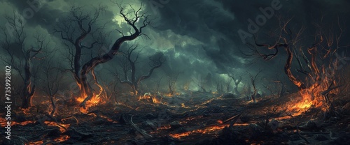A scorched fantasy landscape  evidence of a dragon s wrath  with charred trees and remnants of battle.