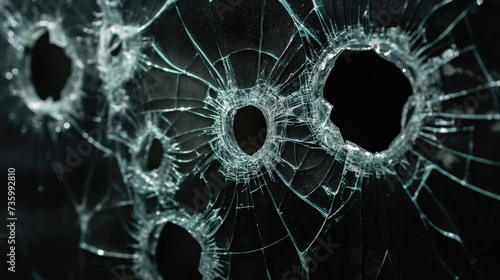 Broken glass with bullet holes photo