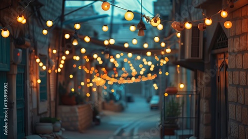 Colorful Ramadan lanterns and lights in street. Festive greeting card for the holy month of fasting and celebration.