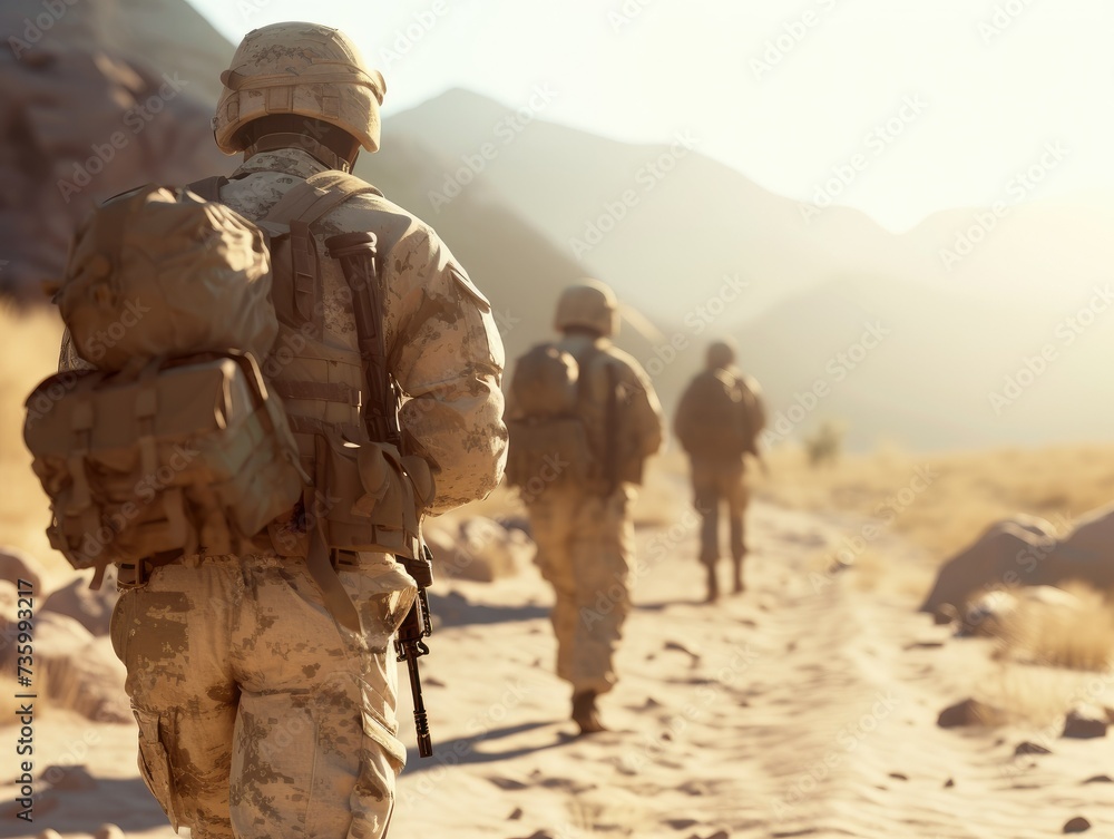Soldiers in desert warfare, wearing desert camouflage uniforms and