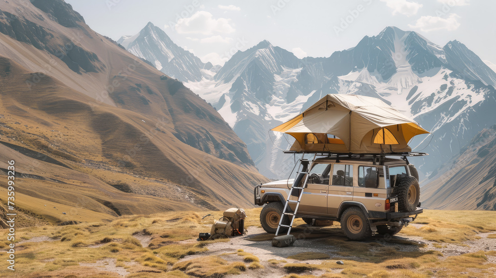 An off-road vehicle with a rooftop tent is parked in a majestic mountain landscape, embodying the spirit of adventure travel.