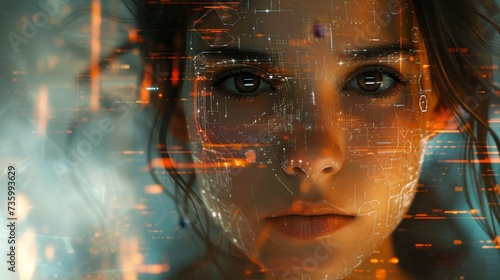 The enigmatic visage of a woman within a high-tech virtual environment