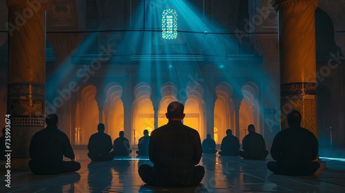 Muslim men in traditional clothing performing Salah in a beautiful mosque during Ramadan