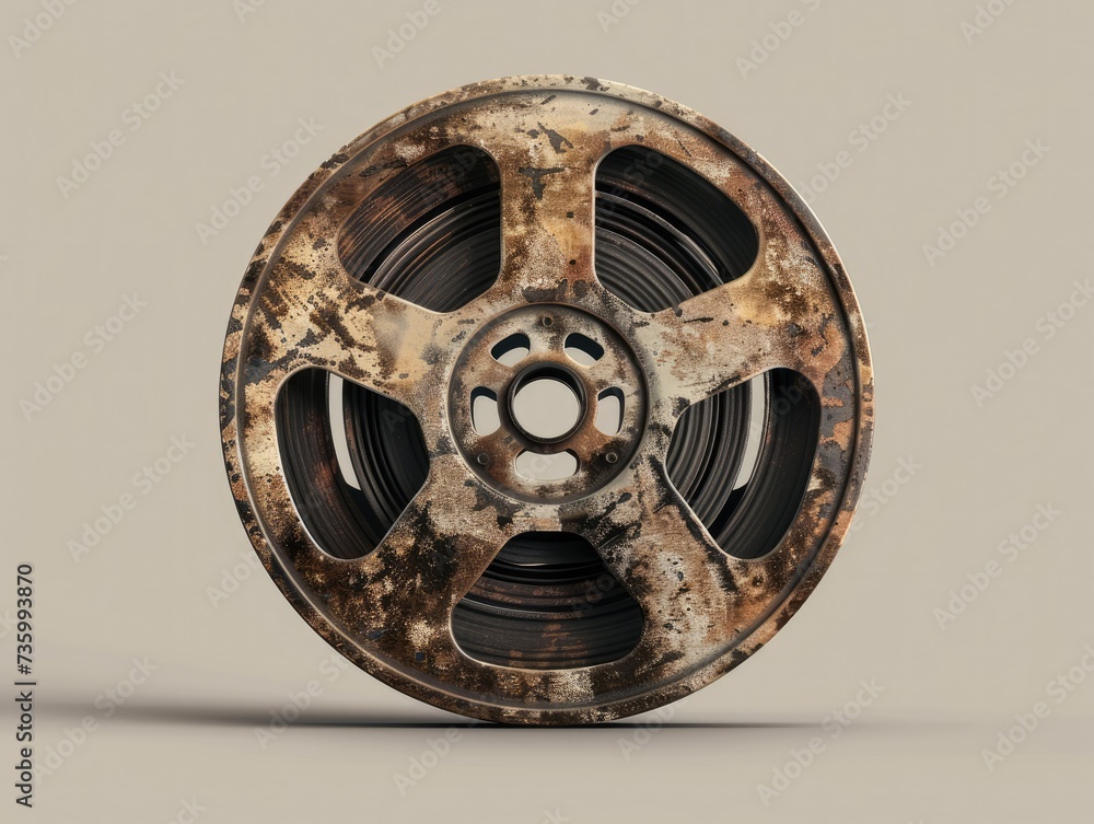 Obraz premium Hyper-realistic stock image of a film buff's intricately detailed classic film reel patch, showcasing worn texture & sharp-focus film sprockets