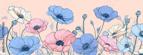 Blooming Poppy Garden: A Colorful Floral Illustration on a Blue Meadow Background