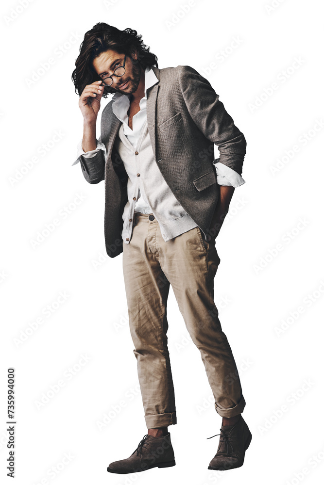 Man, suit and glasses in portrait for hipster style, pride and isolated by transparent png background. Person, edgy and model in vintage clothes with confidence, spectacles and fashion in Istanbul