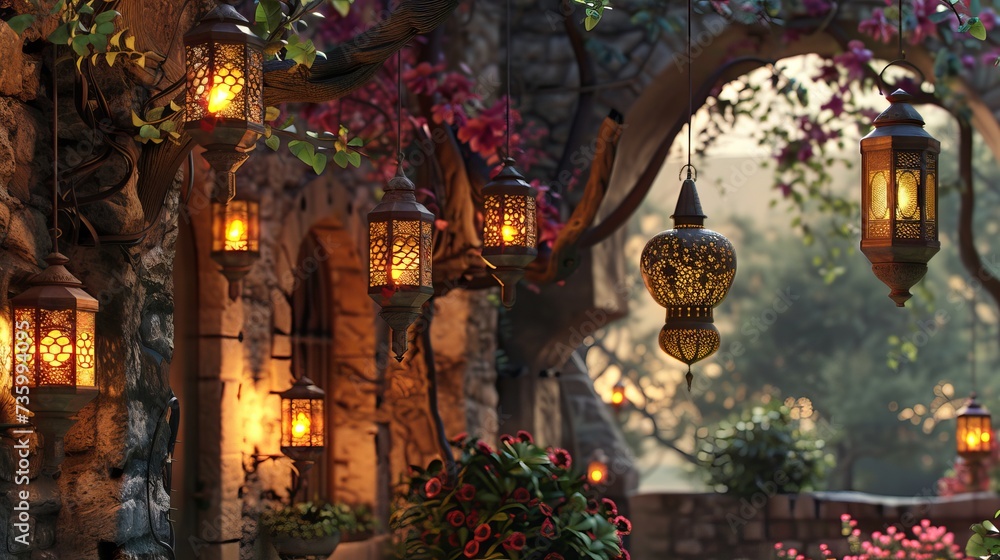 Fototapeta premium Traditional Ramadan lanterns in a cozy courtyard with stone walls and blooming flowers