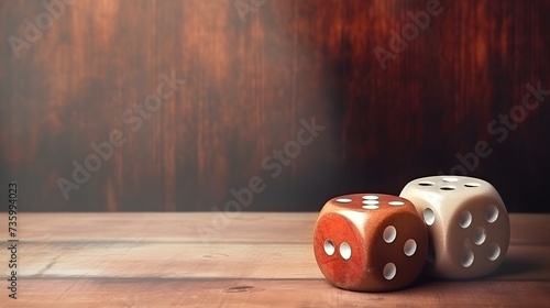Game of chance concept. Gambling devices. White dice on rustic wooden board. Copy space for text.
