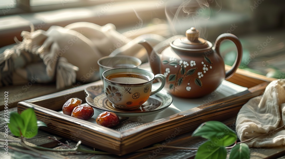 Fragrant and tasty tea with dates served in clay teapot on wooden tray with tea leaves Fragrant and tasty tea with dates served in clay teapot on wooden tray with tea leaves