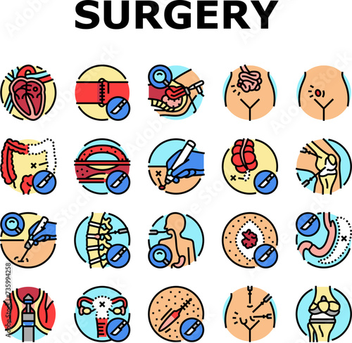 surgery doctor surgeon hospital icons set vector. health surgical, room technology, plastic medical, patient emergency, medicine surgery doctor surgeon hospital color line illustrations