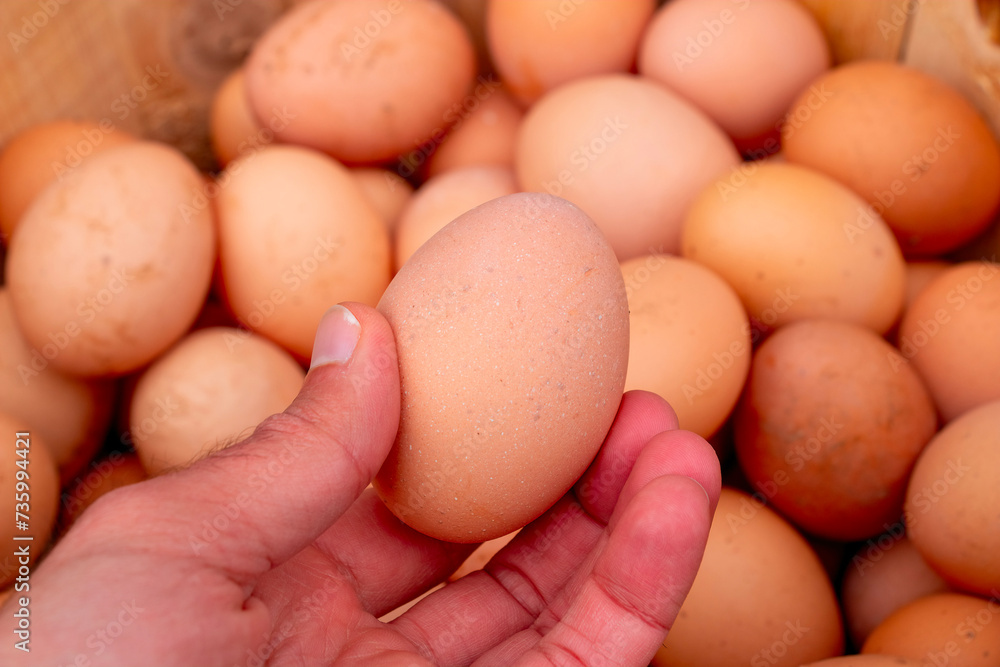 Pile of raw brown chicken eggs, top view. Pile of raw brown chicken eggs, top view.