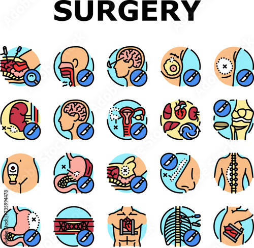 surgery hospital health icons set vector. surgical room, technology plastic, medical patient, emergency medicine, face nose surgery hospital health color line illustrations