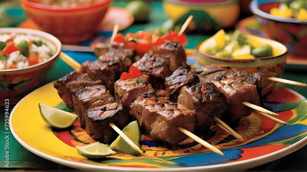 Brazilian Carnival Extravaganza Skewers of churrasco, vibrant bowls of feijoada, and caipirinhas served in carnival-colored glasses - AI Brazilian Carnival Extravaganza Skewers of churrasco, vibrant bowls of feijoada, and caipirinhas served in carnival-colored glasses - AI