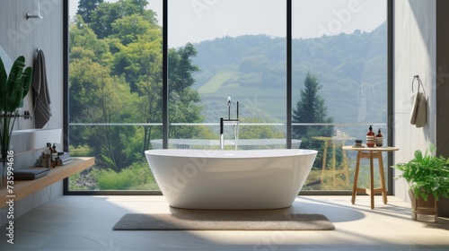 Sleek International Style Bathroom with Panoramic Window and Freestanding Bathtub AI Generated.