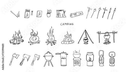 Big set of camping elements in doodle style. Campfire, matches, box of matches, tourist ax, lighter, struck match, log, wooden block, bonfire. Travel design. Adventure. Great for prints, poster photo