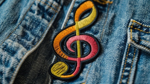 Vibrant, intricately embroidered music note patch on a trendy denim jacket